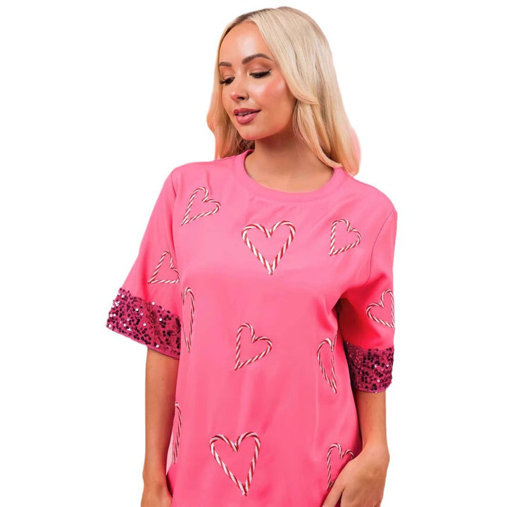 Dame Mode T-Shirt med glimmerdetaljer og hjerteapplikationer Stilla