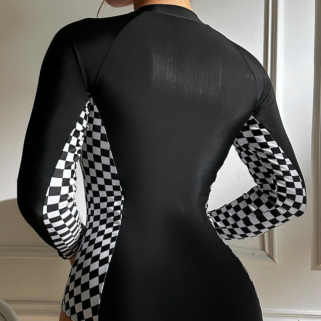 Dame Langærmet Wetsuit med moderigtigt ternet mønster og høj lynlås Stilla