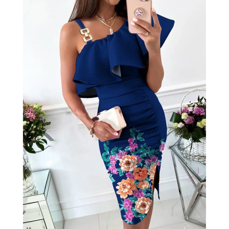 Femme Elegante Rynke En-Skulder Kjole Stilla