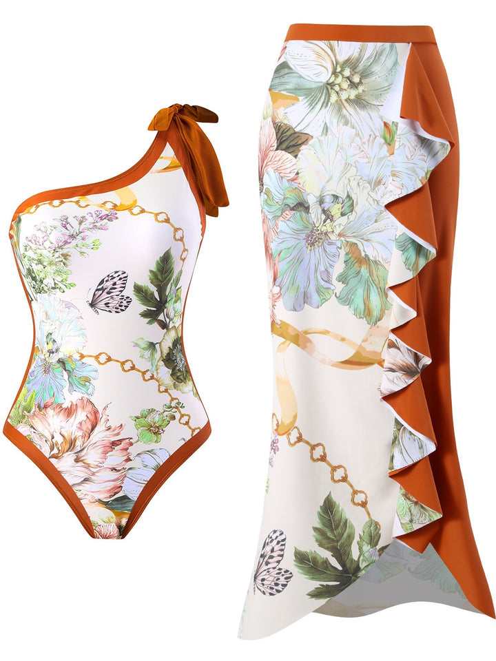 Dame ensidet badedragt med blomsterdesign og matchende maxi-nederdel Stilla