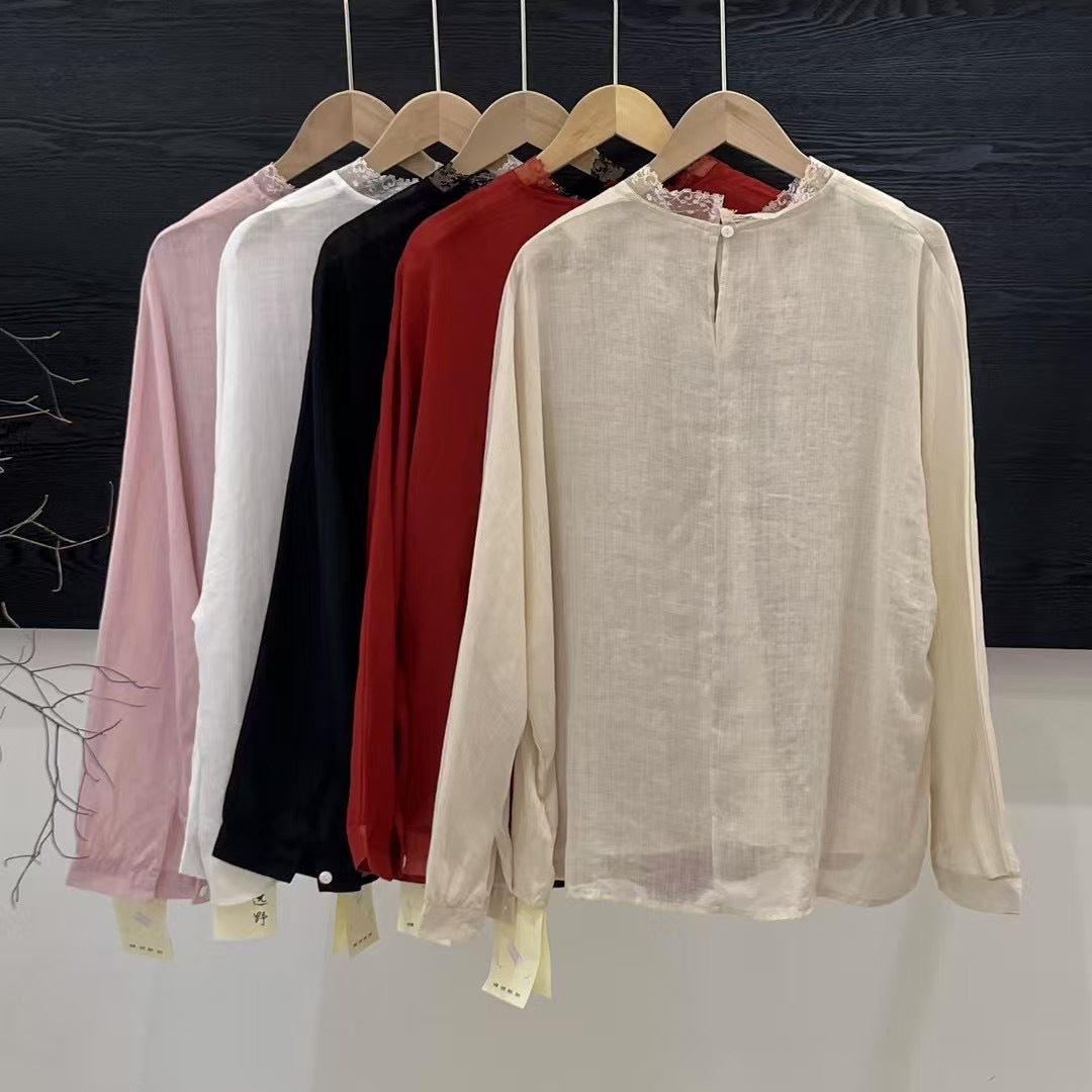 Femme Elegante Gennemsigtig Langærmet Bluse med Spidsapplikationer Stilla