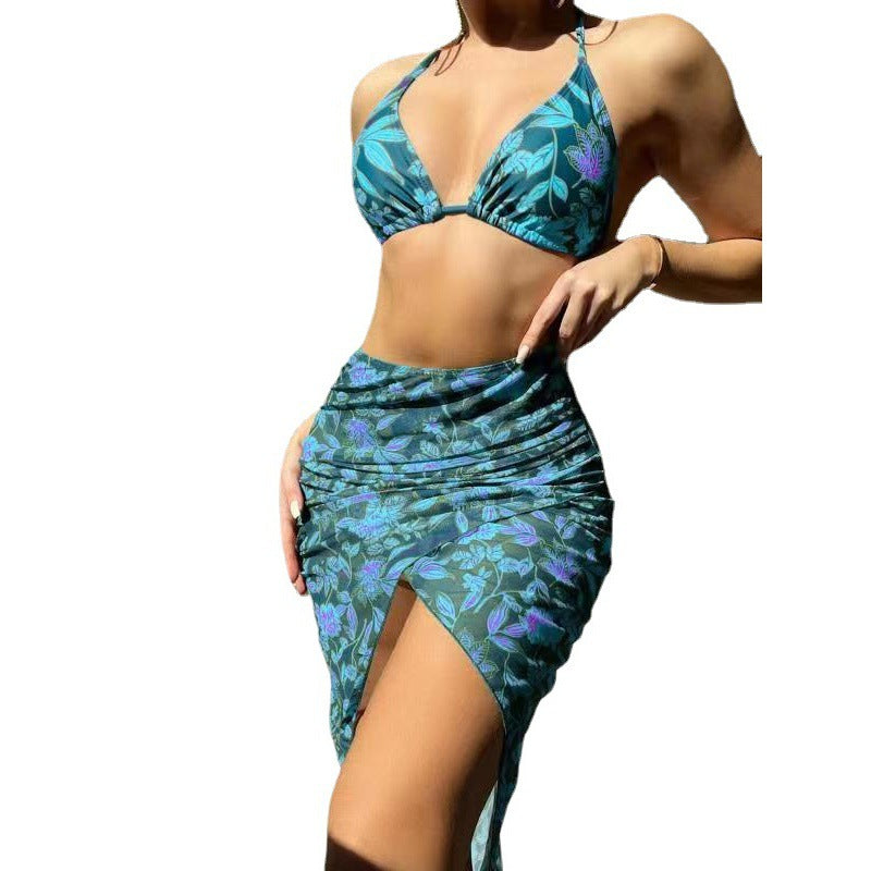 Dame Floral Print Bikini-Ovendel med højt slids Maxiskørt-Sæt Stilla
