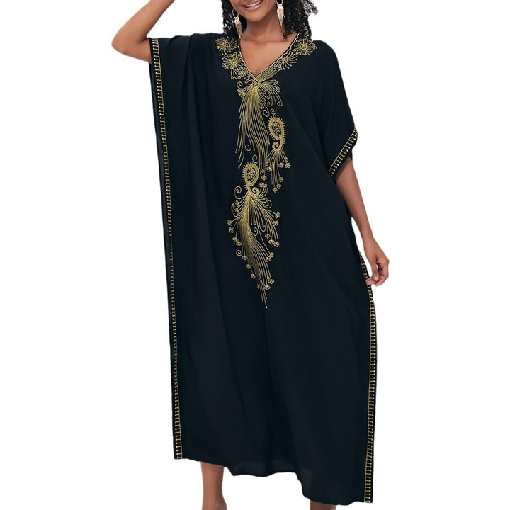 Dame Strandponcho med kunstnerisk guldbroderi-design Stilla