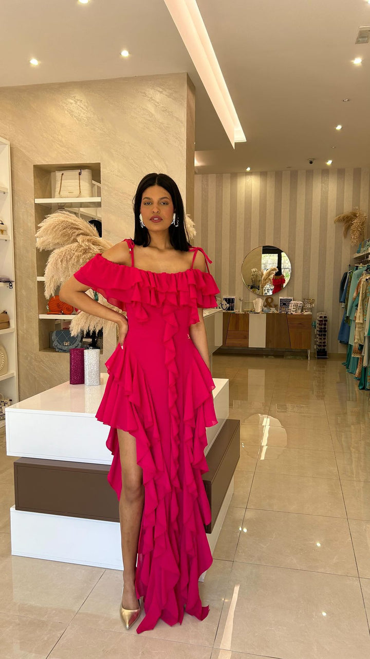 Kvindernes Rynkede Maxi Kjole med Dyb Slids og Off-the-Shoulder Design Skovae