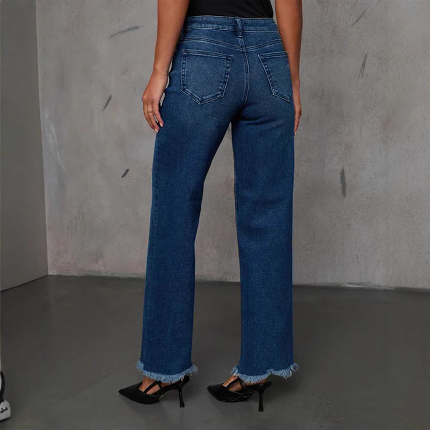 Damehøjt skårne jeans med frynset kant Stilla