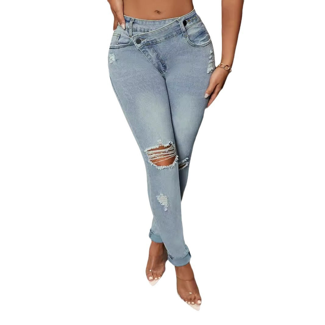 Dame Skinnystyle Jeans med trendy distressed-detaljer og fleksibel talje Stilla