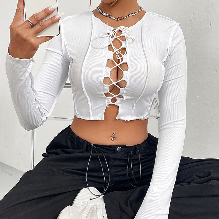 Kvinders cropped langærmet skjorte med dekorativ blonde detalje Stilla