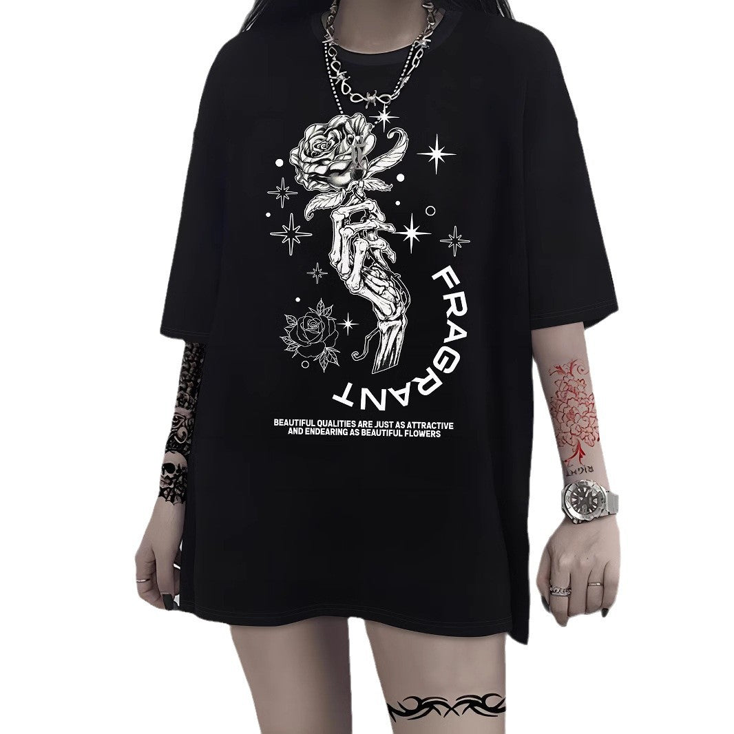Dame T-shirt med kunstnerisk skeletmotiv og unikt tryk Skovae