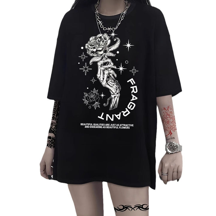 Dame T-shirt med kunstnerisk skeletmotiv og unikt tryk Skovae