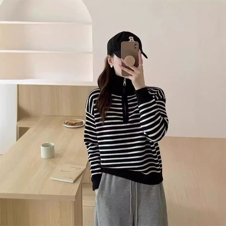 Dame afslappet pullover med lynlås og stribet mønster Stilla