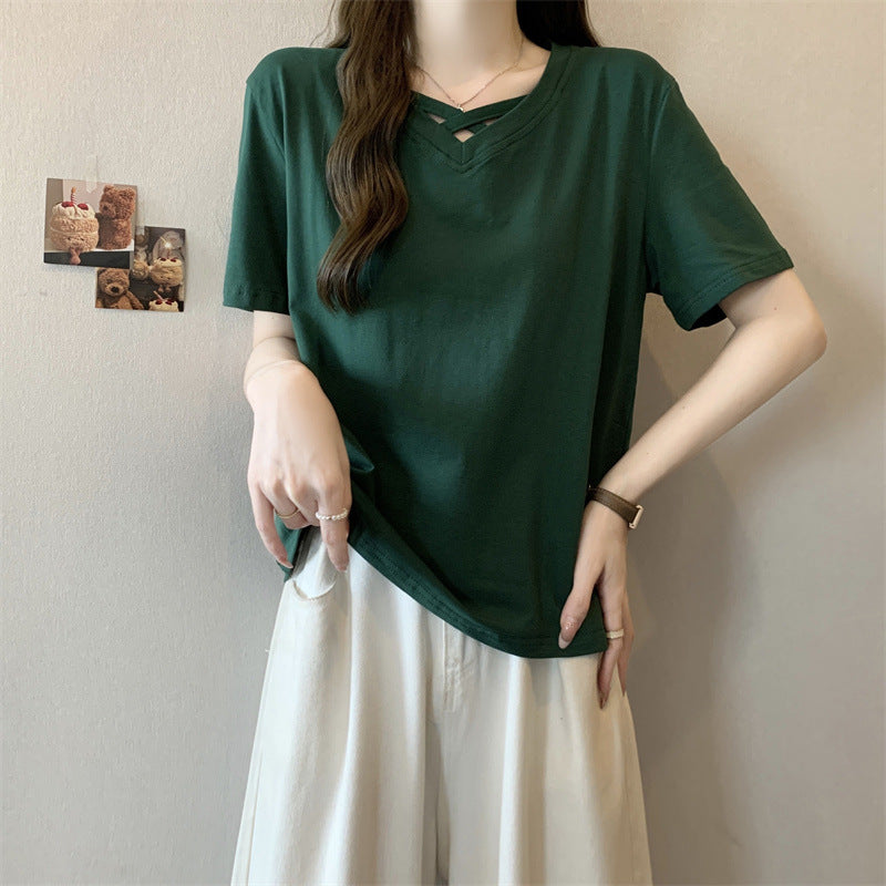 Femme Lækkert V-Hals T-Shirt med unikt Cut-Out-Detalje Stilla