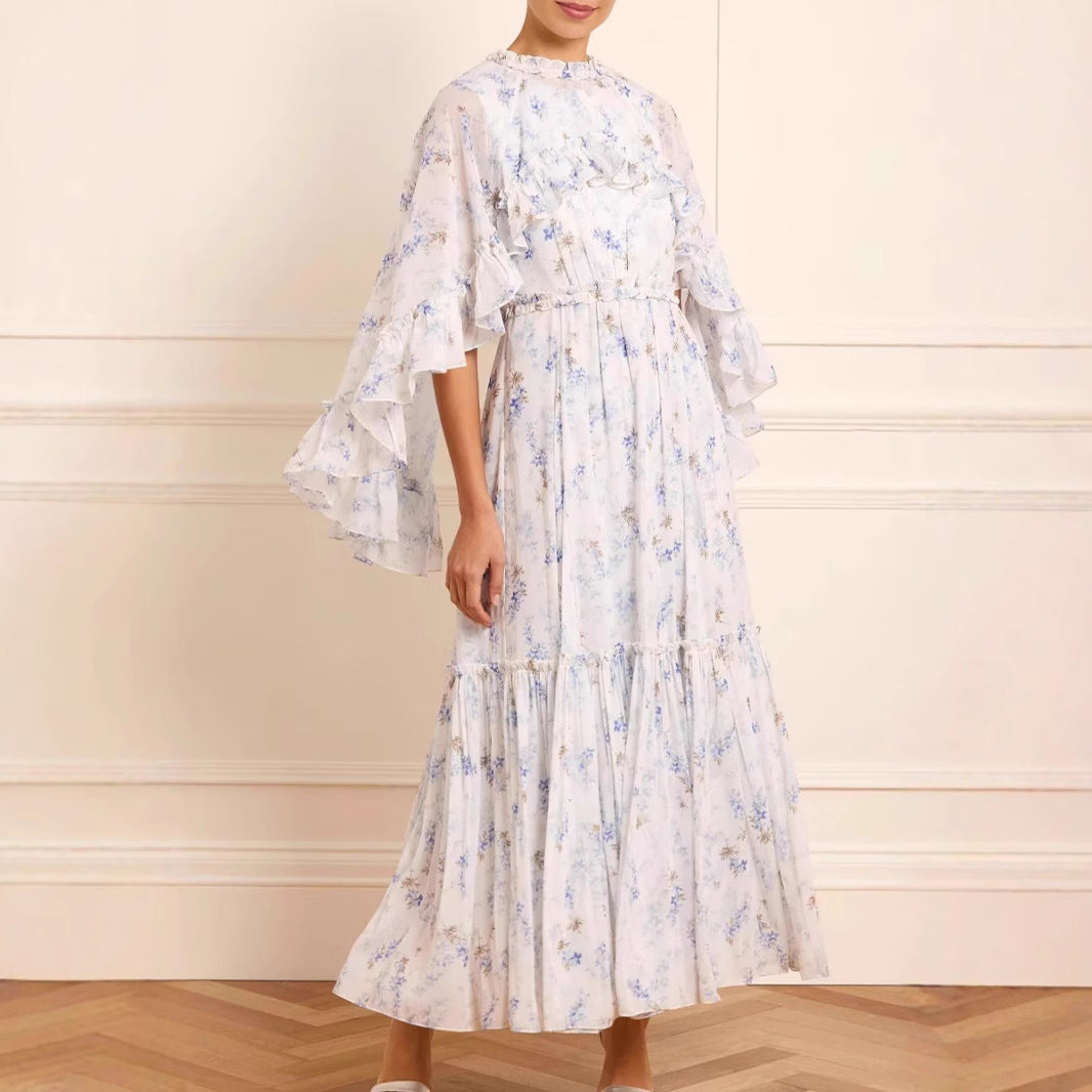 Dame lang, floral Maxikjole med flæsedetaljer Stilla