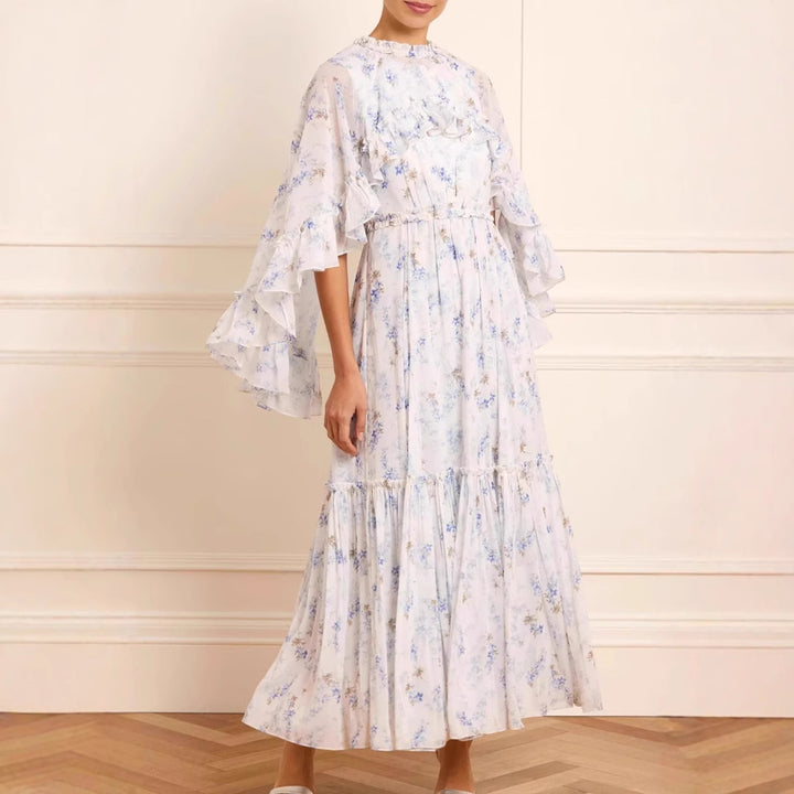 Dame lang, floral Maxikjole med flæsedetaljer Stilla