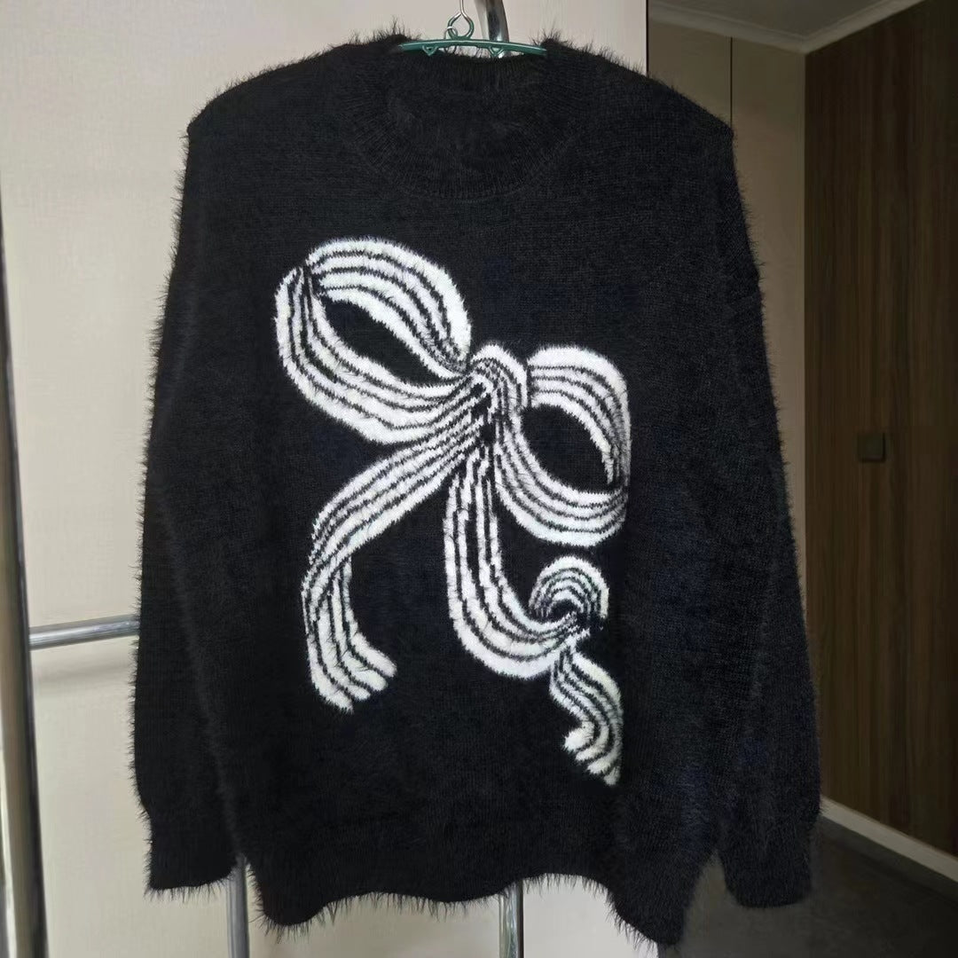 Kvindernes hyggelige sweater med dekorativ sløjfe mønster