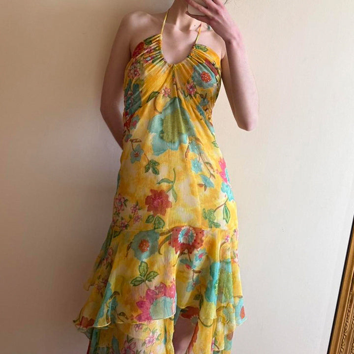Dame flydende Maxi-kjole med blomsterdesign og flæser Skovae