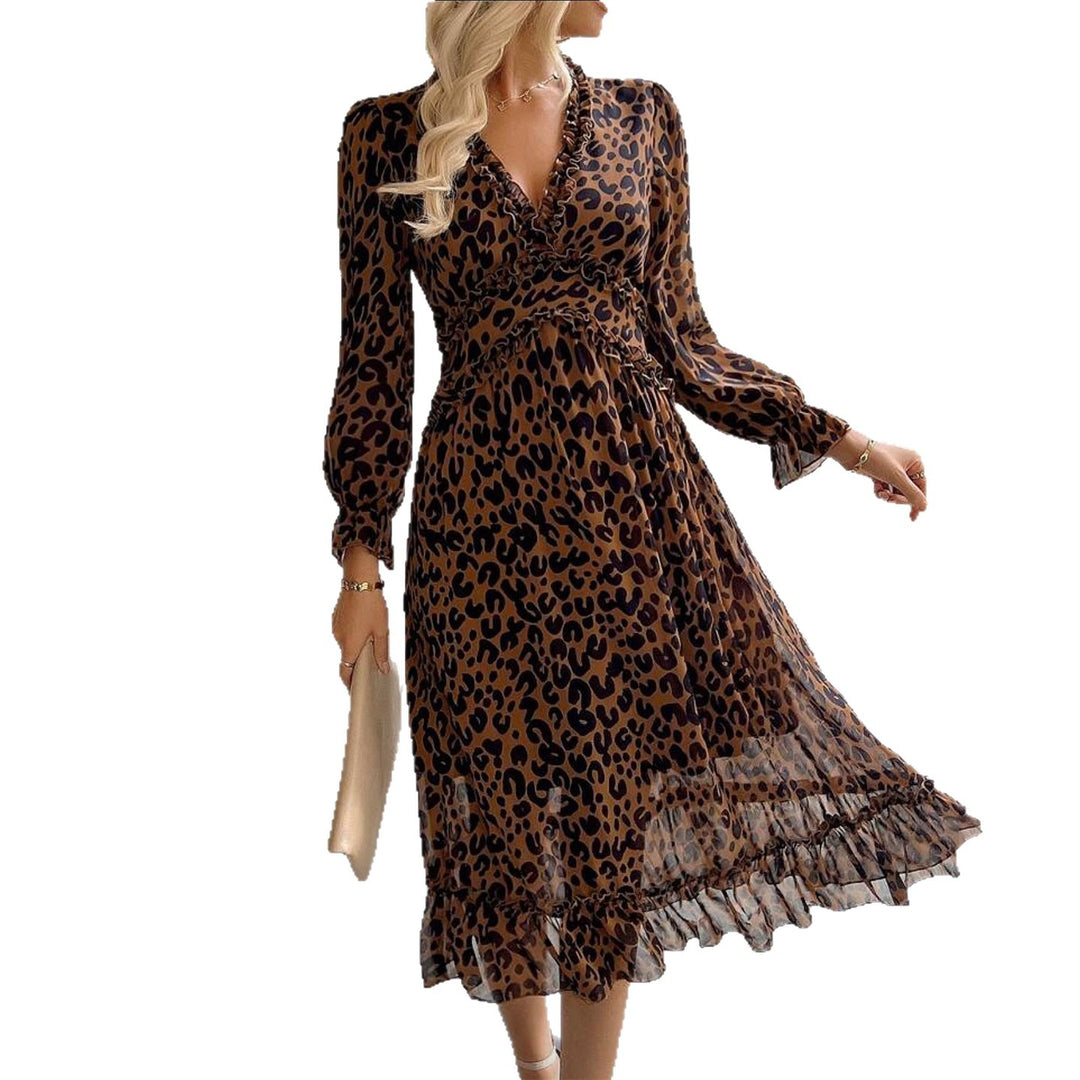 Kvindernes maxikjole med elegant leopardmønster og voluminøse ærmer