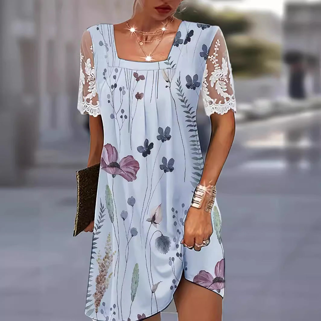 Dame Floral Print Shift Kjole med Spidsærmer Stilla