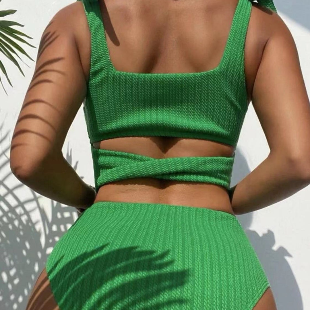 Dame Højtaljeret Bikiniset med trendy Ribdesign og legende Sløjfer Stilla