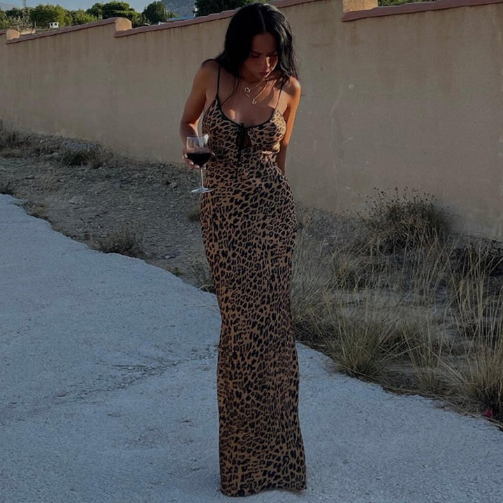 Dame leopardmønster slip maxi kjole Stilla