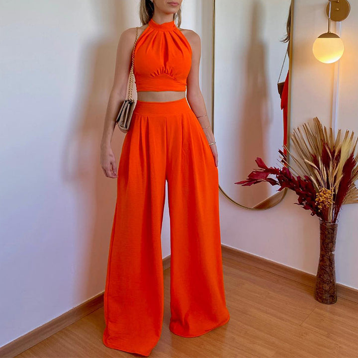 Dame Halterneck Crop Top og brede Bukser Sæt Stilla