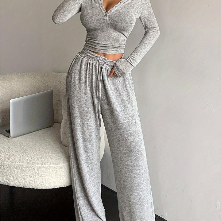 Kvinders afslappede loungewear sæt med knapdetaljer og elastisk talje Stilla