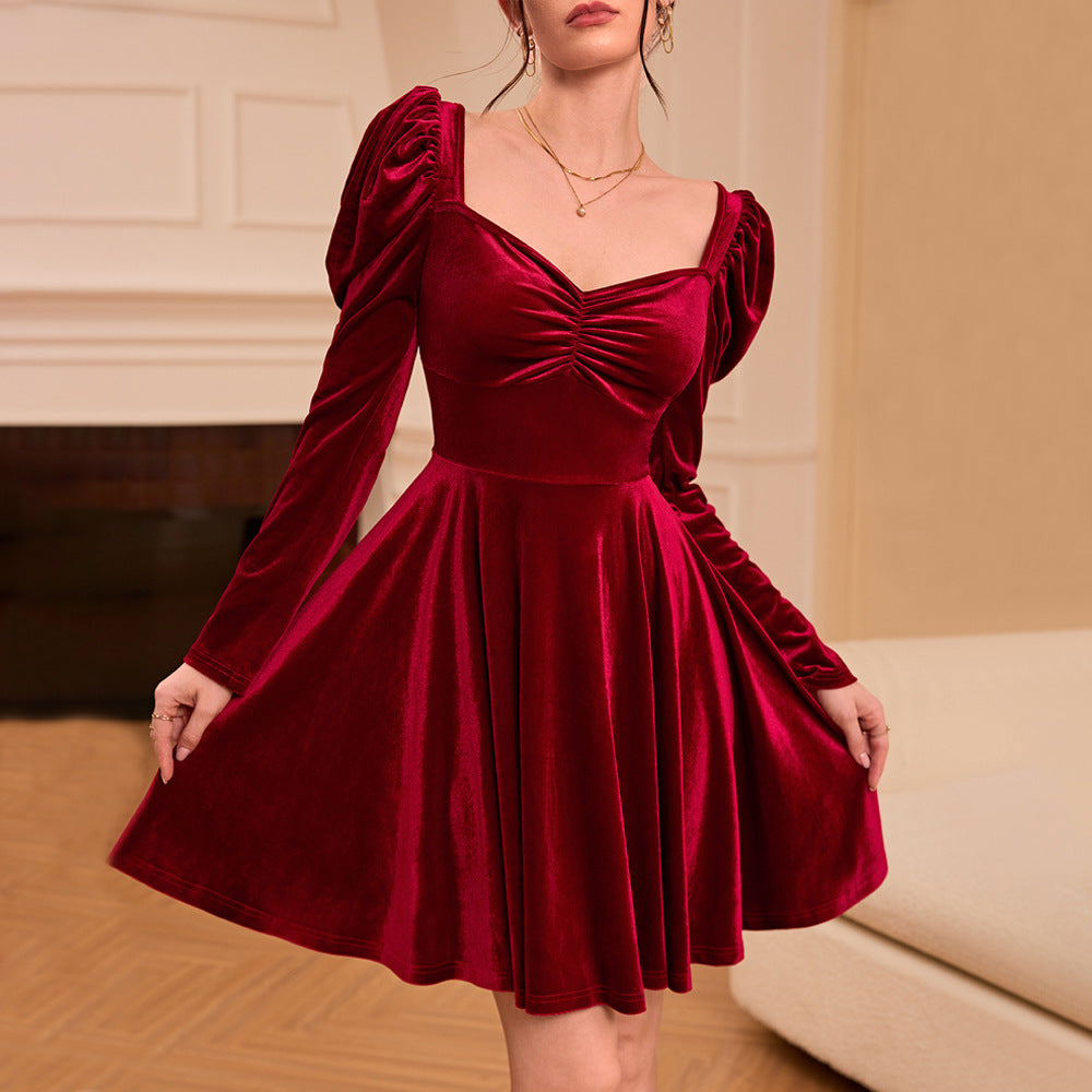Damer Elegant Velvet Mini Kjole med Puffærmedetaljer og Chic V-Hals Stilla