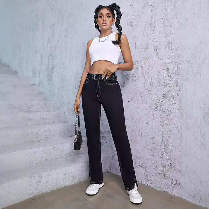 Dame Bootcut Jeans med sidelommer og moderne bælte Stilla