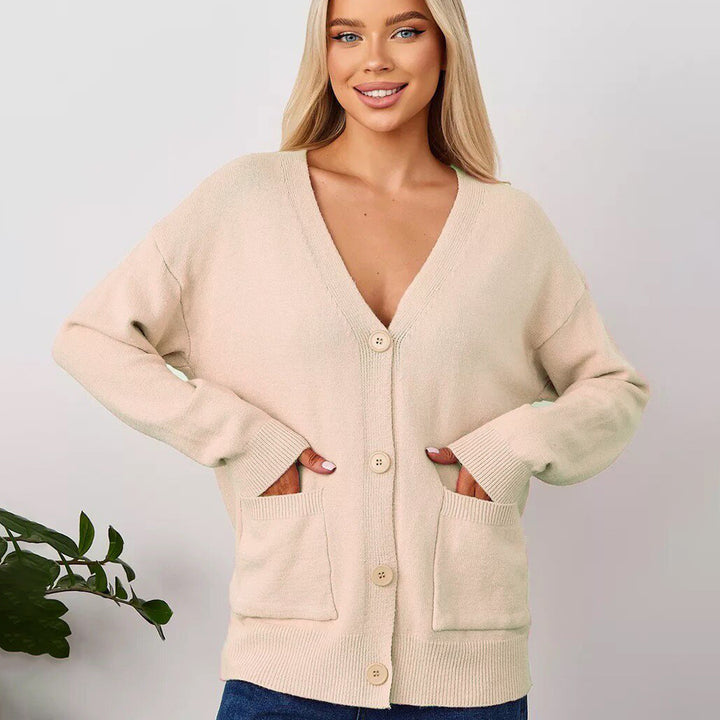 Kvinders chunky strik cardigan med dyb V-hals og praktiske lommer Stilla