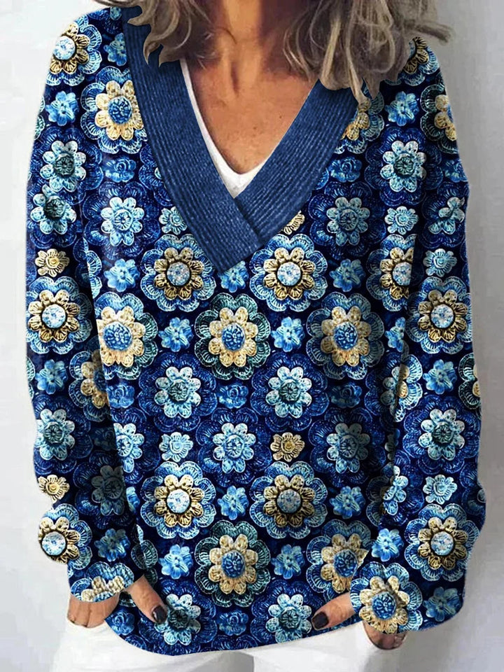 Kvinders V-hals sweater med blomsterdesign og afslappet pasform Stilla