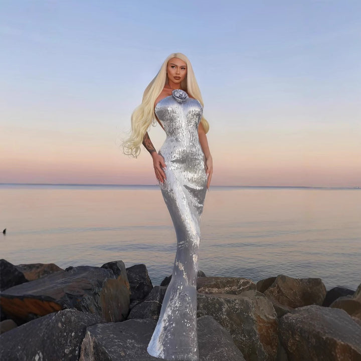 Dame glamourøst paillet-maxikjole med elegant ståkrave Skovae