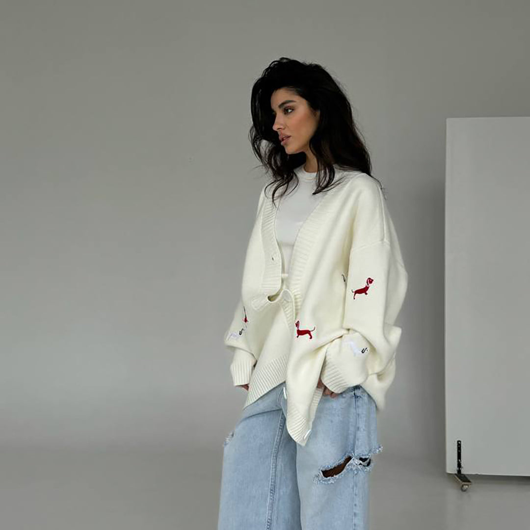 Kvinders store strikket cardigan med dyreapplikationer Stilla