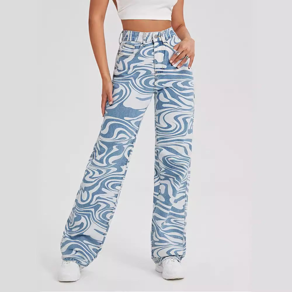 Dame Løse Denim-Bukser med kunstnerisk mønster og høj talje Stilla