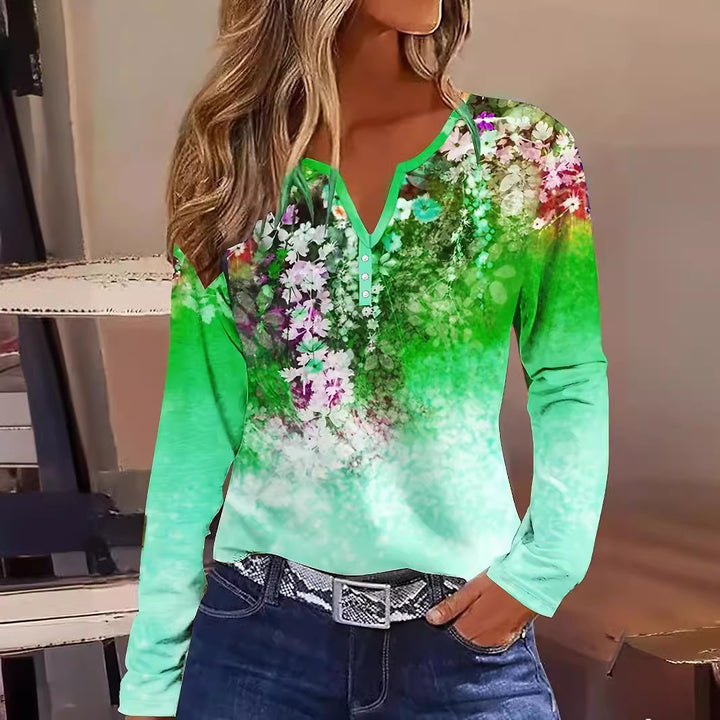 Dame Floral Langærmet T-shirt med Henley-udskæring og farvegradient Stilla