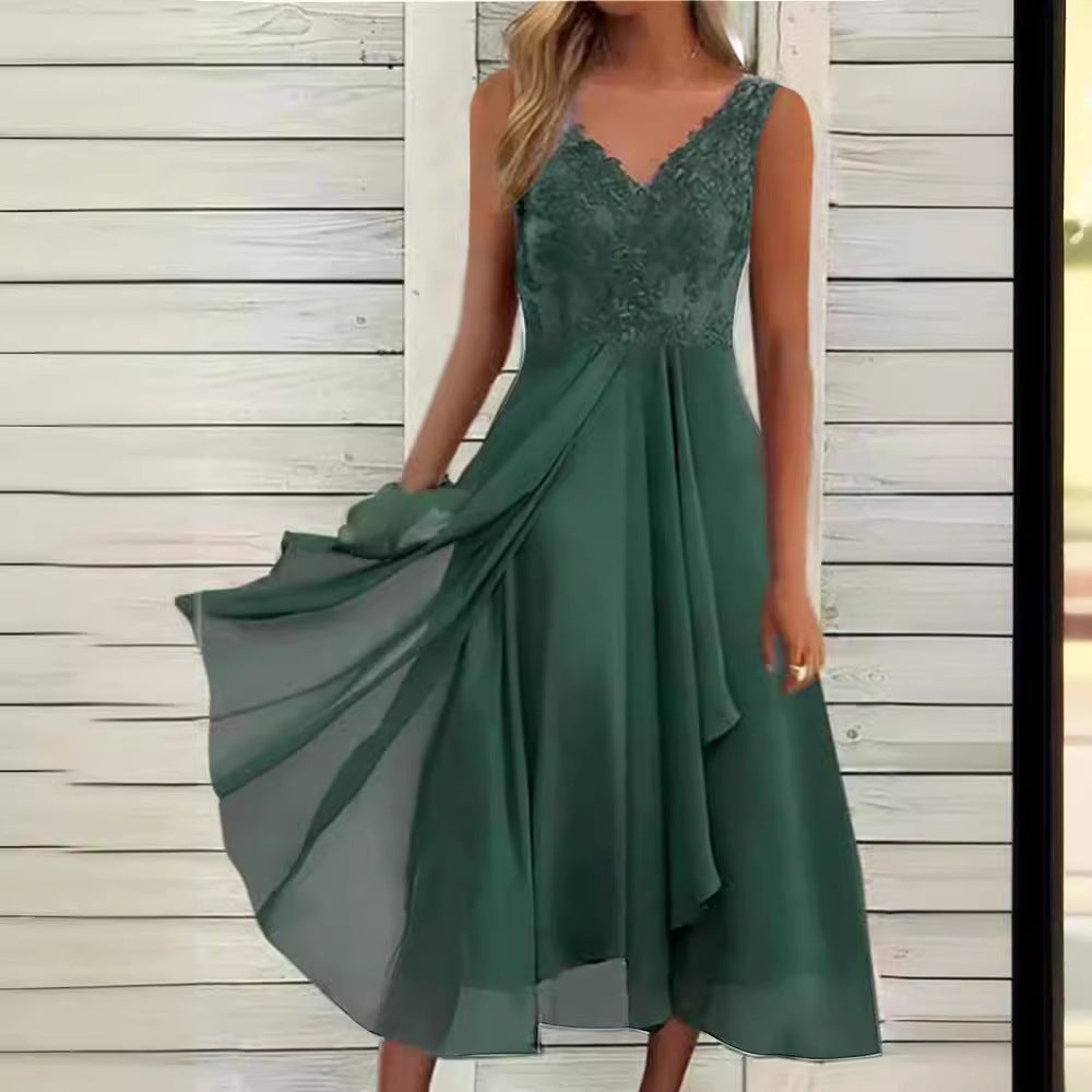 Dame Elegant Aftenkjole med Spidserapplikationer Stilla