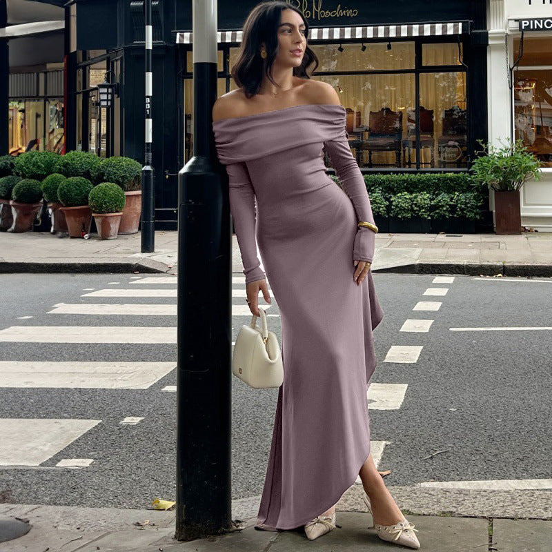 Dame elegant Off-Shoulder-maxikjole med asymmetrisk kant og rynkning Stilla