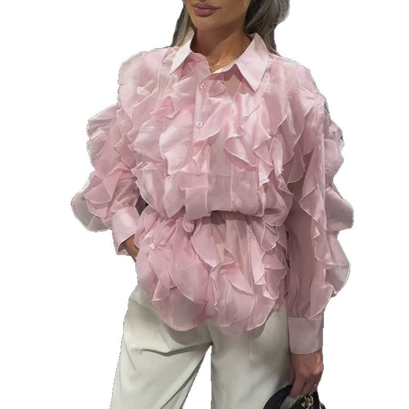 Damebluse med voluminøse flæser Stilla