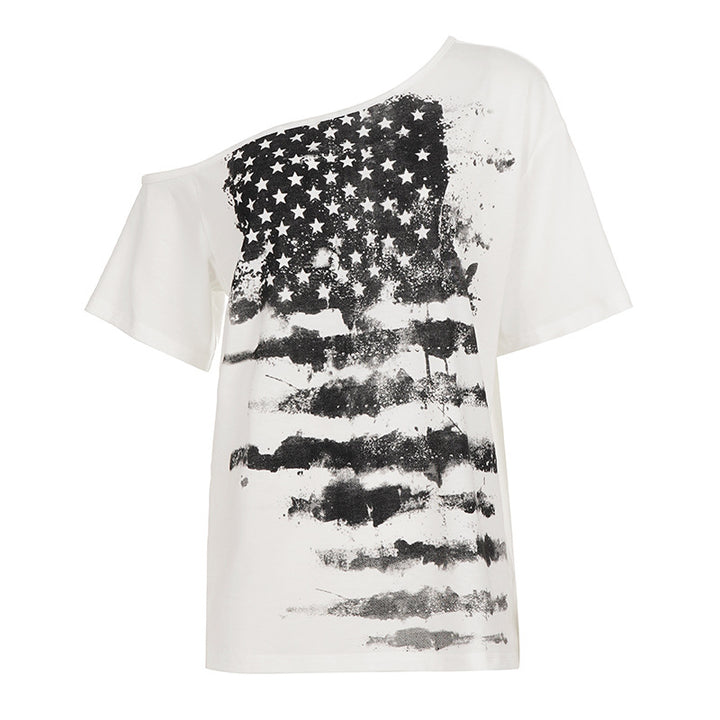 Dame Oversized T-shirt med asymmetrisk snit og grafisk stjerneprint Skovae