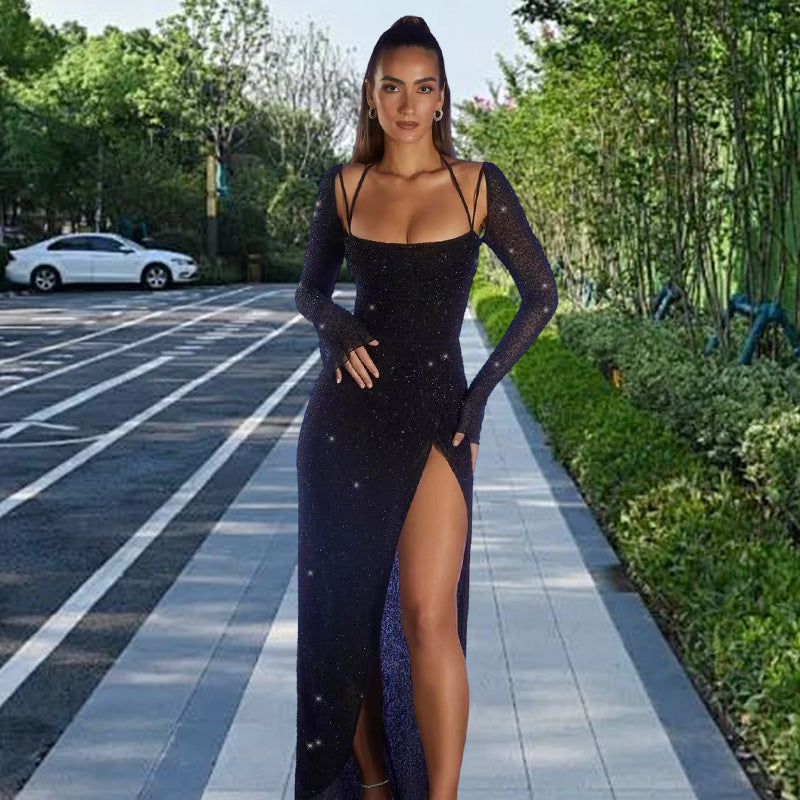 Damer Glamour maxi kjole med glansfulde detaljer og side split Skovae