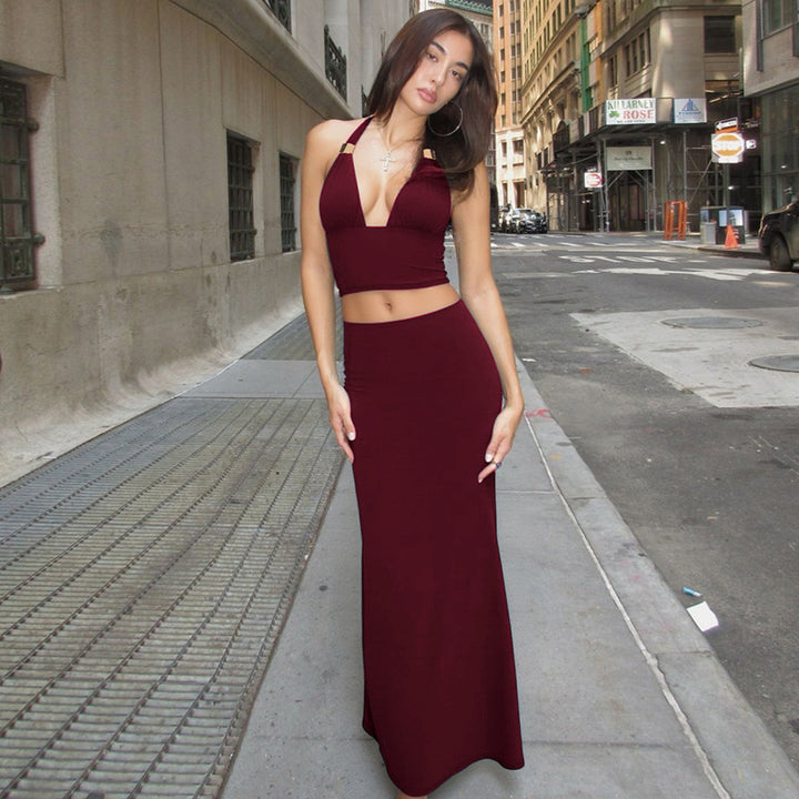 Dame Elegante sæt med cropped-top og maxinederdel i figursyet design Stilla