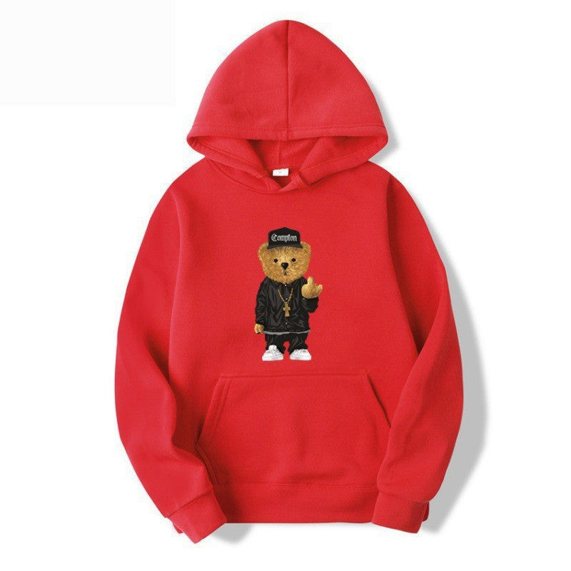 Kvinders hoodie med kunstnerisk bjørnedesign og kængurulomme Skovae