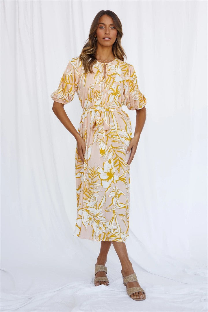 Femme Elegante Floral Midi Kjole med Bælte Talje Stilla
