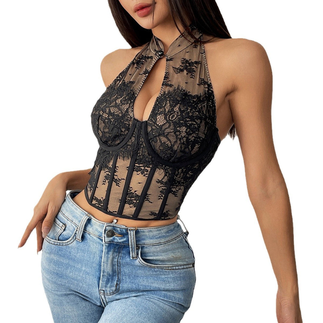 Dame Halterneck-Bustier med elegant kantudsmykning og transparente indsatser Stilla