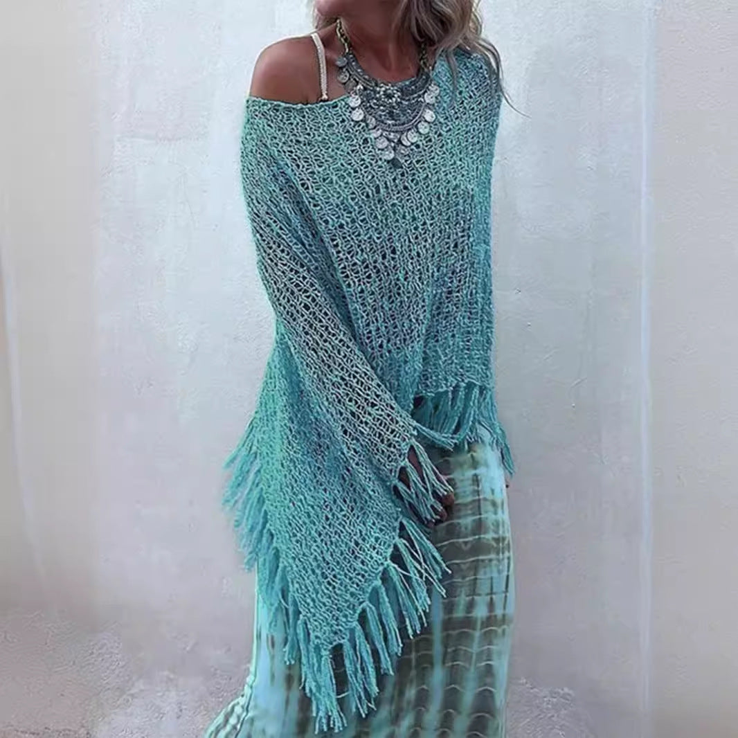 Dame luftig hæklede poncho med frynsedesign Stilla
