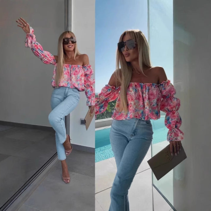 Dame Off-Shoulder Bluse med voluminøse ærmer og blomstret mønster Stilla