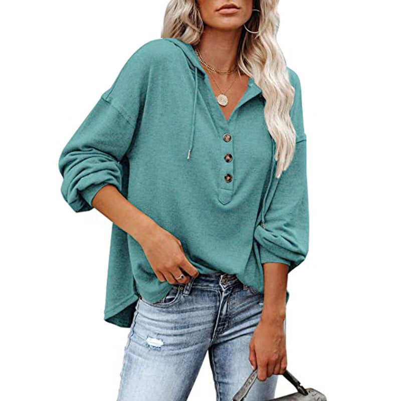 Dame afslappet hættebluse med knapstolpe og oversized snit Stilla