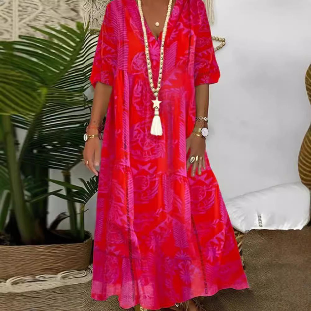 Dame elegant maxikjole med florale motiver og V-udskæring Stilla