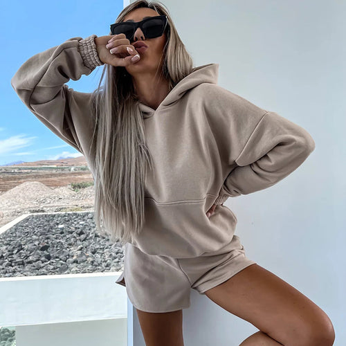 Dame afslappet hættebluse og shorts-sæt Stilla