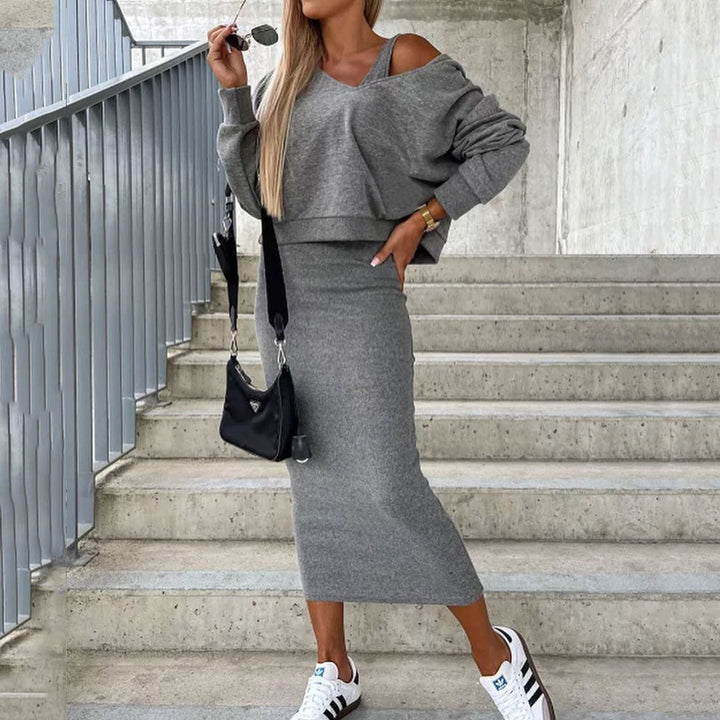 Dame afslappet to-delt sæt med oversize top og blyantskørt Stilla