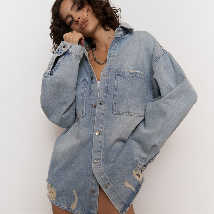 Kvinders Mode Jeans Skjorte Jakke med Slidte Detaljer Stilla