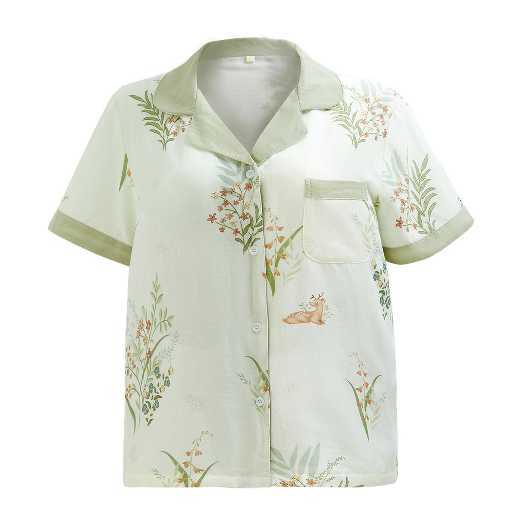 Dame Kortærmet Pyjama-Sæt med blomsterprint og elegant Knopliste Stilla